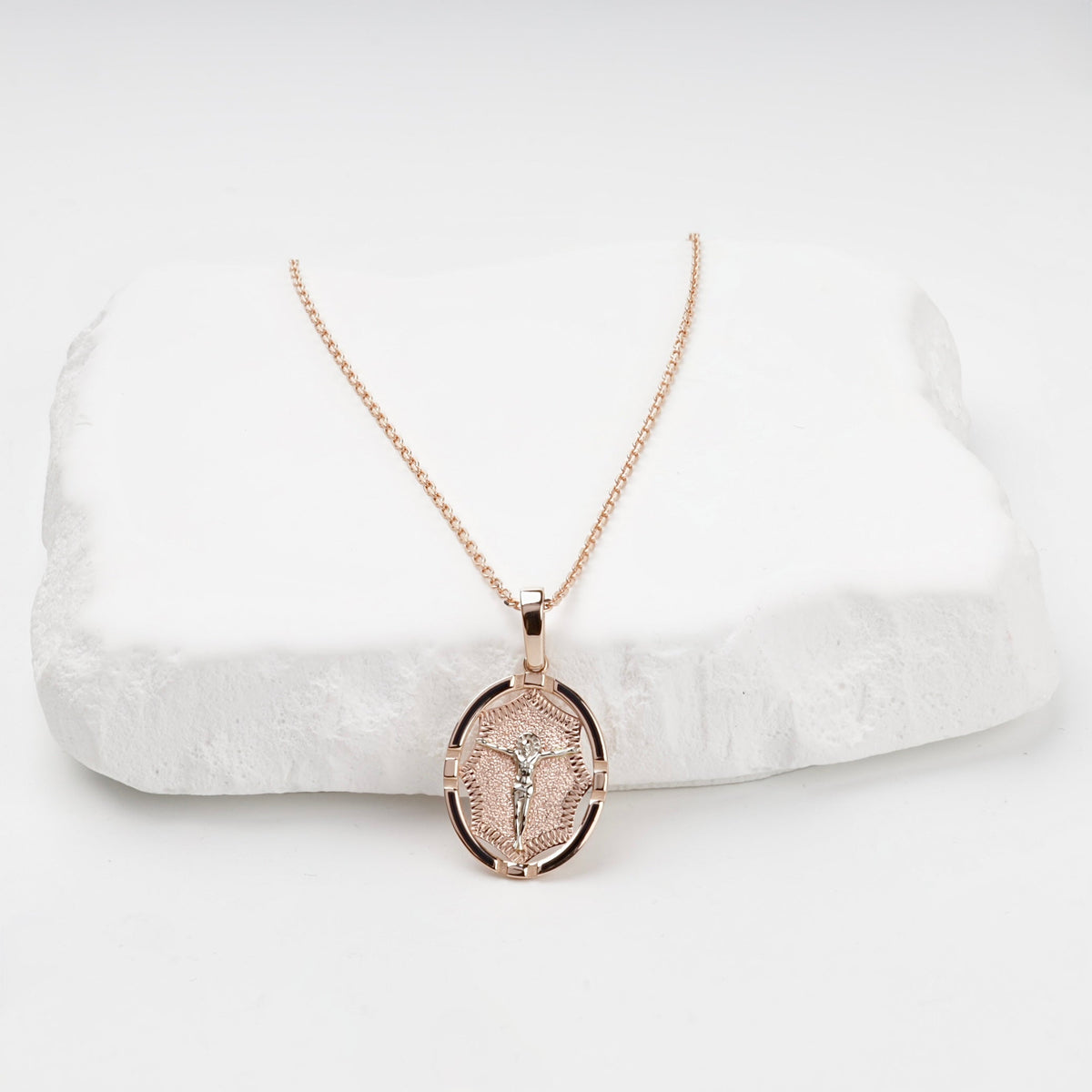 Two-Tone Gold 14K (585) Oval Crucifix Icon Pendant | Ukrainian Jewelry