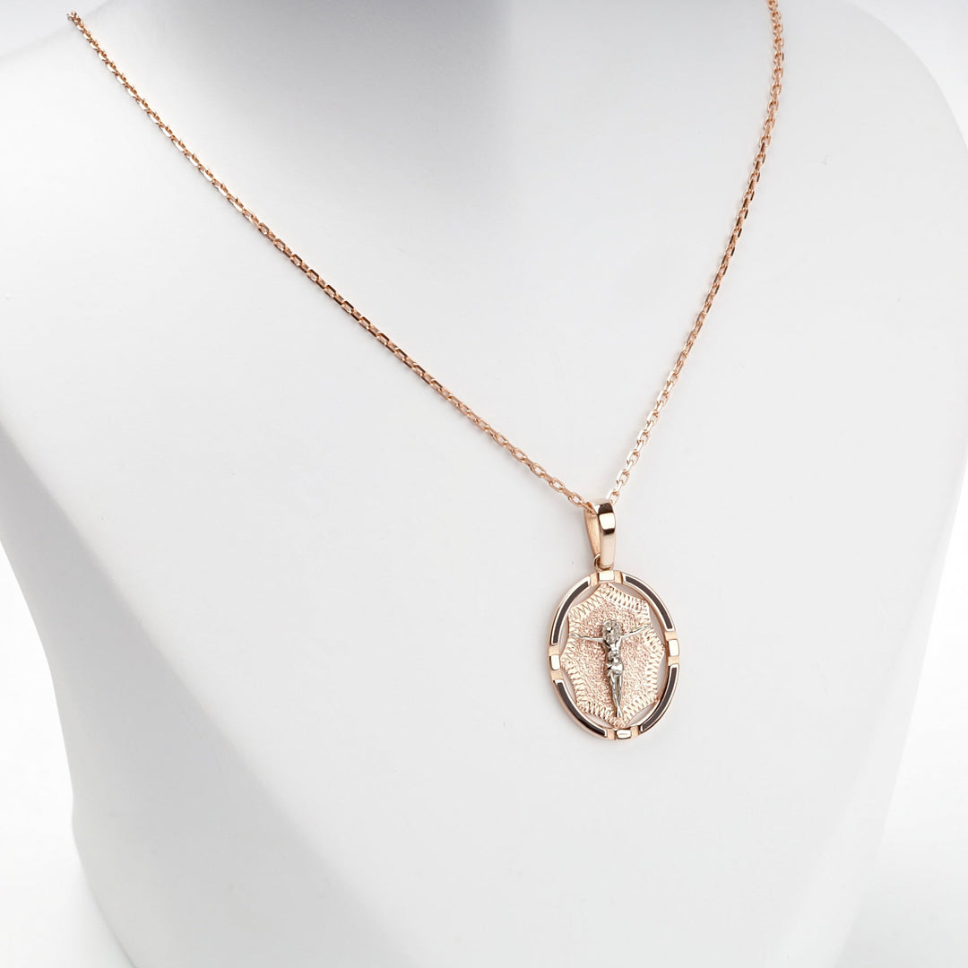Two-Tone Gold 14K (585) Oval Crucifix Icon Pendant | Ukrainian Jewelry