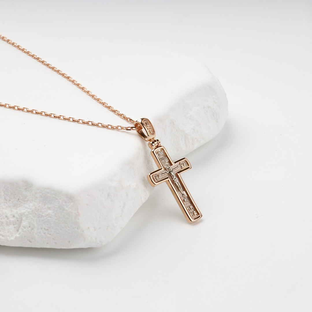Two-Tone Gold 14K (585) Orthodox Crucifix Pendant | Ukrainian Jewelry