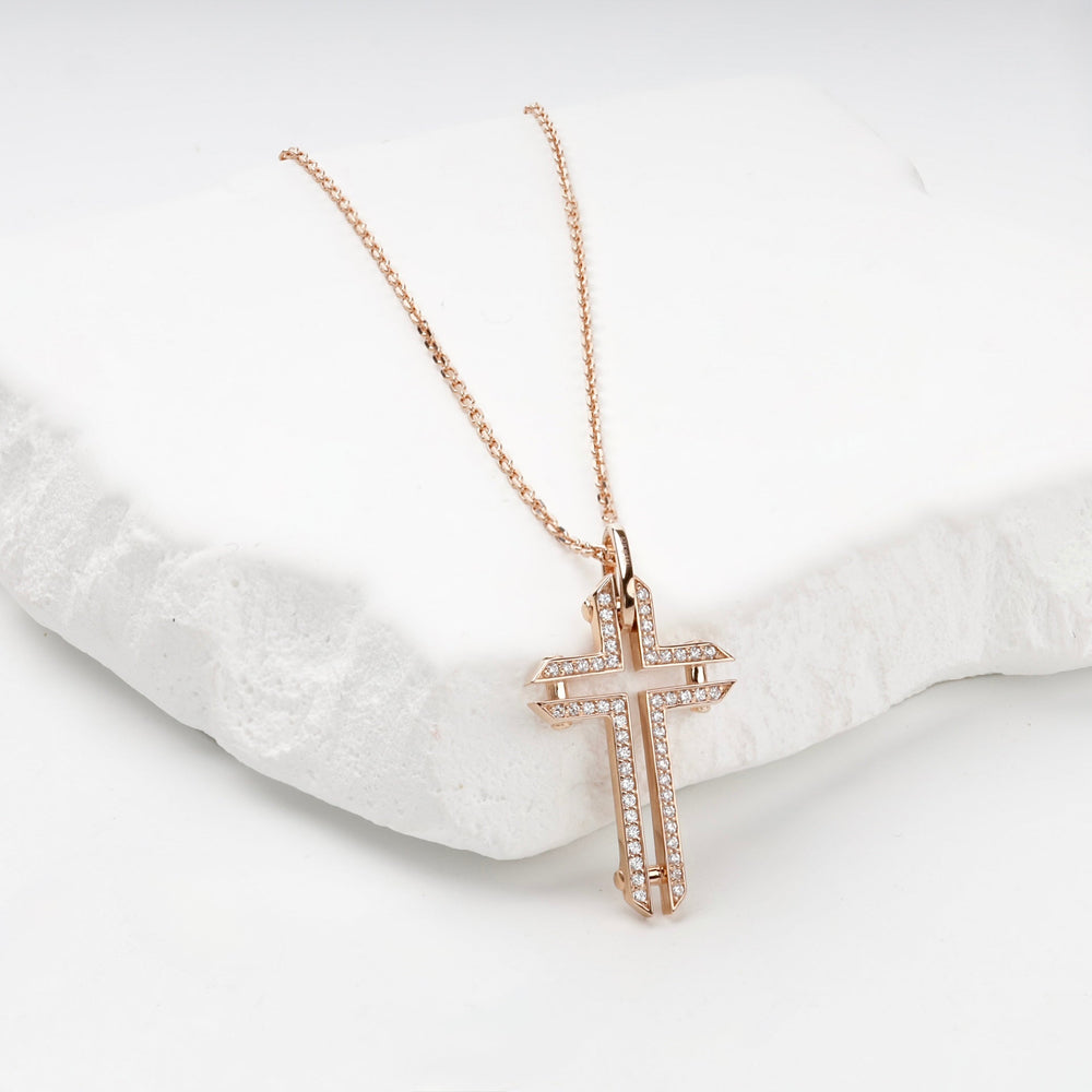 Rose Gold 14K (585) Geometric Cubic Zirconia Cross Pendant | Ukrainian Jewelry