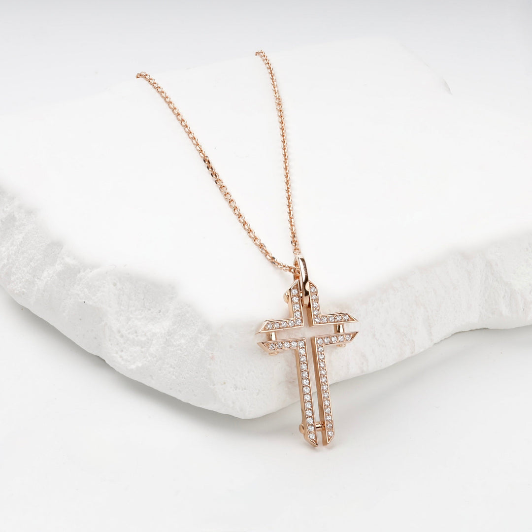 Rose Gold 14K (585) Geometric Cubic Zirconia Cross Pendant | Ukrainian Jewelry