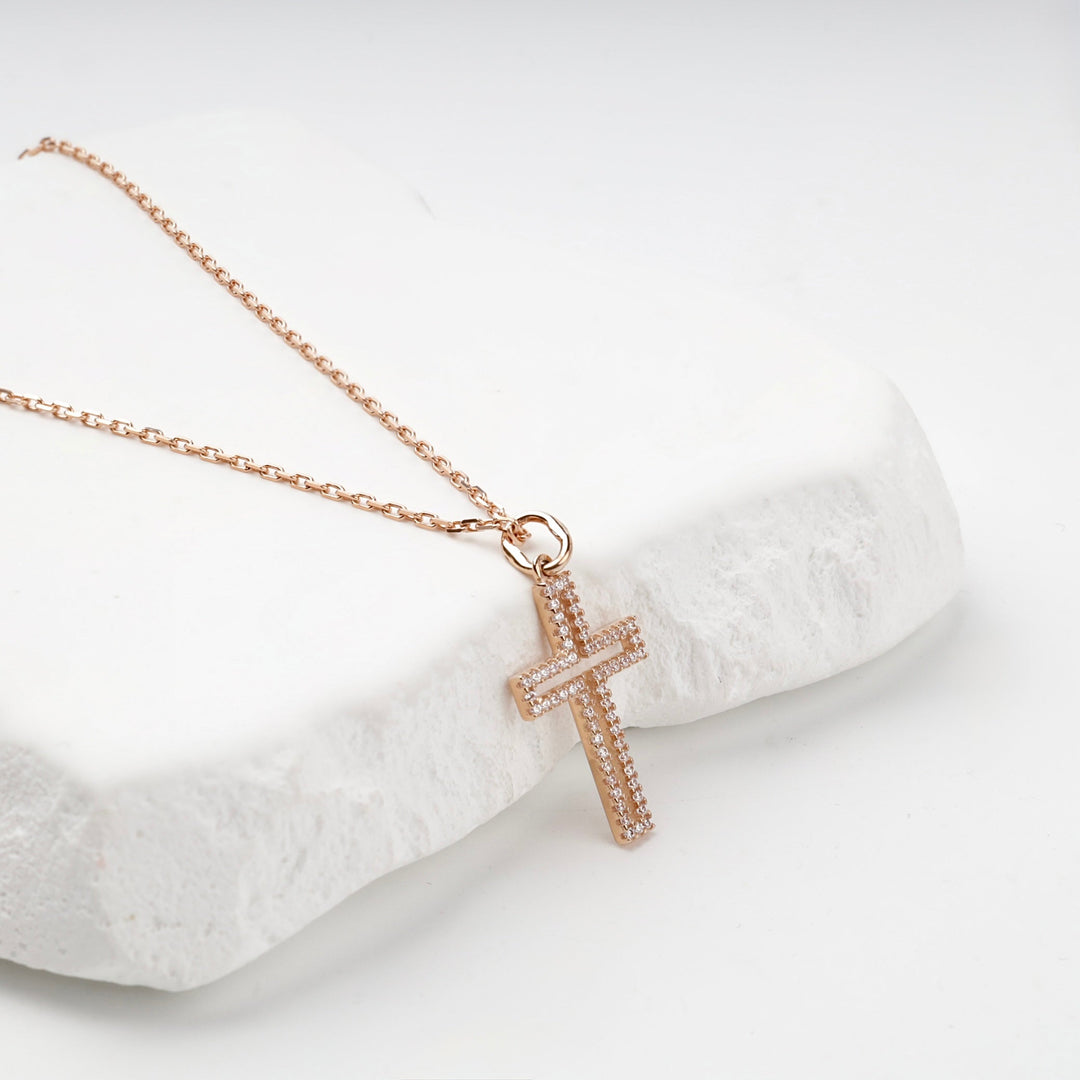 Rose Gold 14K (585) Cubic Zirconia Outline Cross Pendant | Ukrainian Jewelry