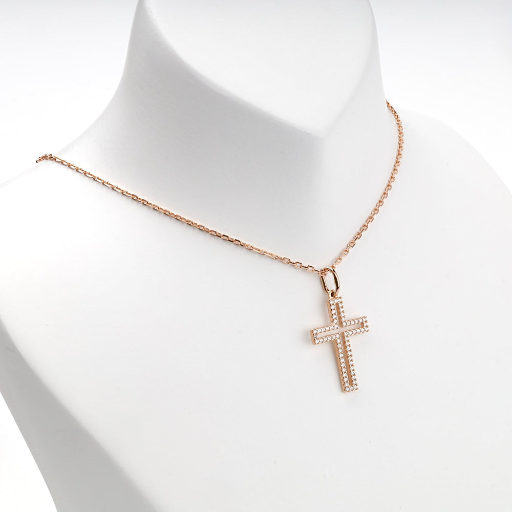 Rose Gold 14K (585) Cubic Zirconia Outline Cross Pendant | Ukrainian Jewelry