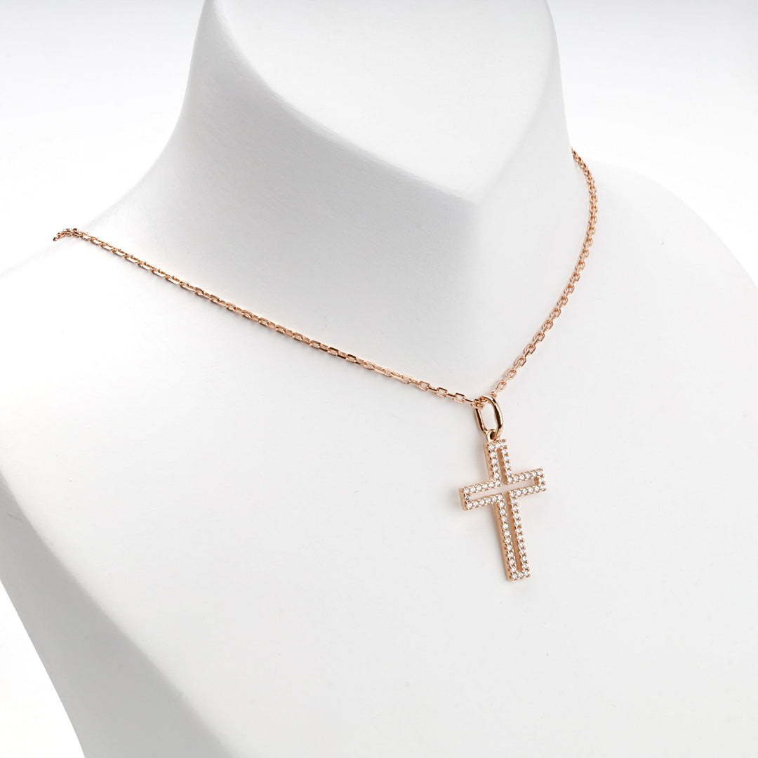Rose Gold 14K (585) Cubic Zirconia Outline Cross Pendant | Ukrainian Jewelry