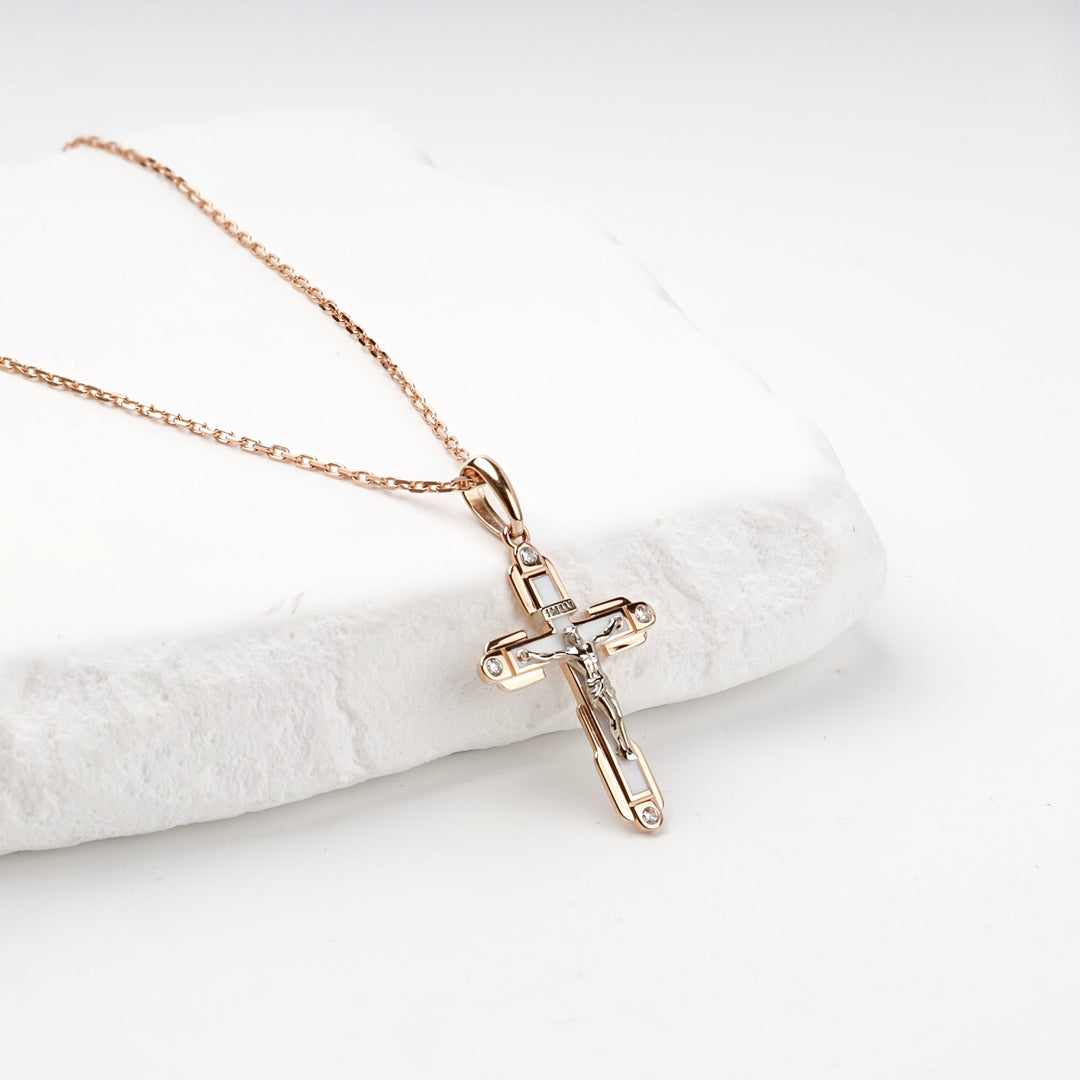 Two-Tone Gold 14K (585) White Enamel and Cubic Zirconia Crucifix Pendant | Ukrainian Jewelry