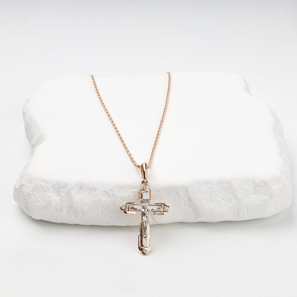 Two-Tone Gold 14K (585) White Enamel and Cubic Zirconia Crucifix Pendant | Ukrainian Jewelry