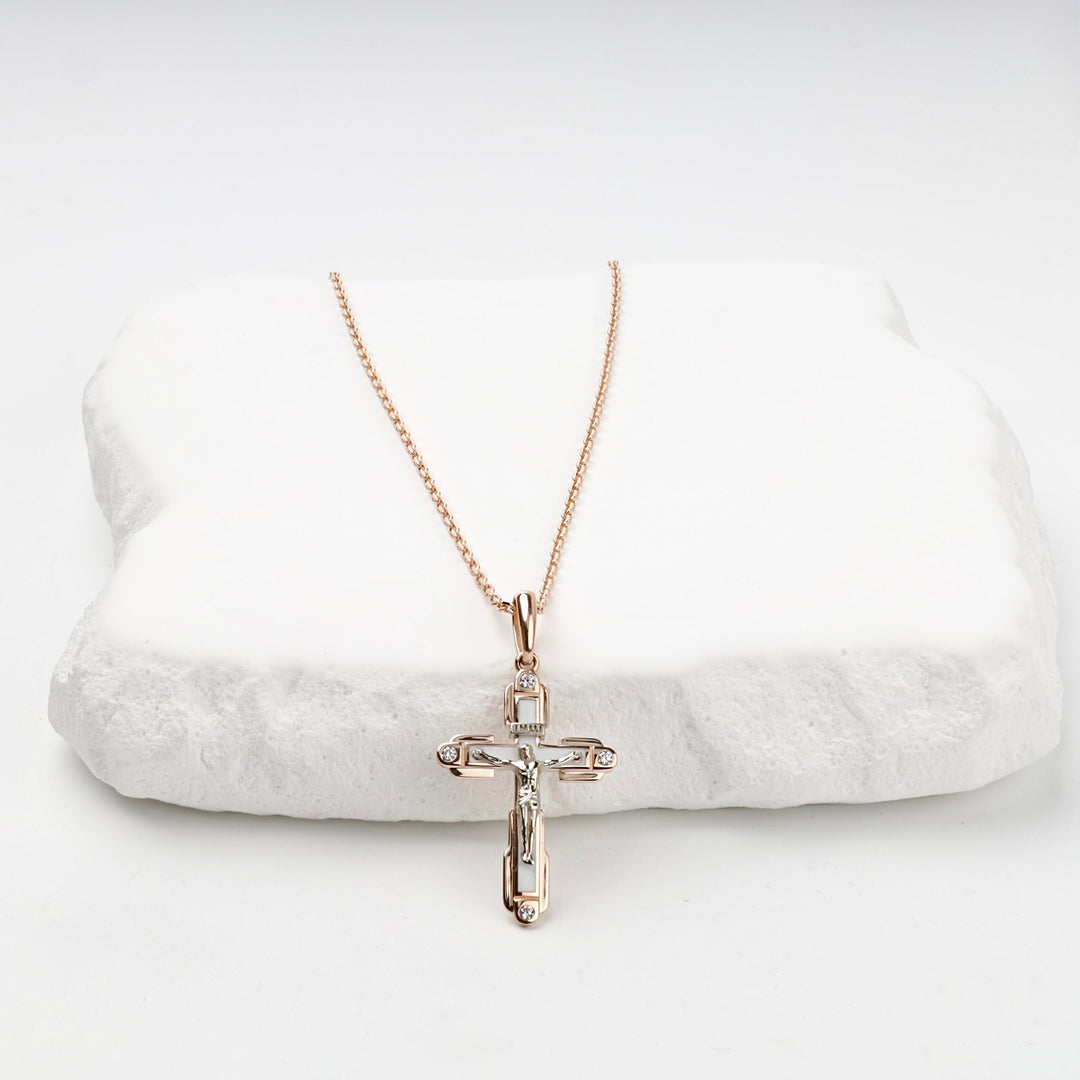Two-Tone Gold 14K (585) White Enamel and Cubic Zirconia Crucifix Pendant | Ukrainian Jewelry