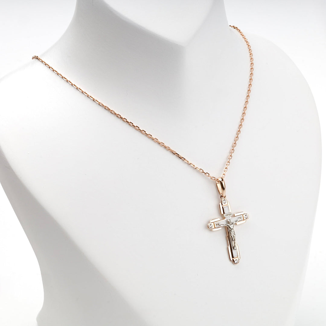 Two-Tone Gold 14K (585) White Enamel and Cubic Zirconia Crucifix Pendant | Ukrainian Jewelry