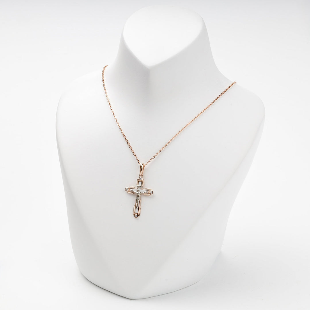 Two-Tone Gold 14K (585) White Enamel and Cubic Zirconia Crucifix Pendant | Ukrainian Jewelry