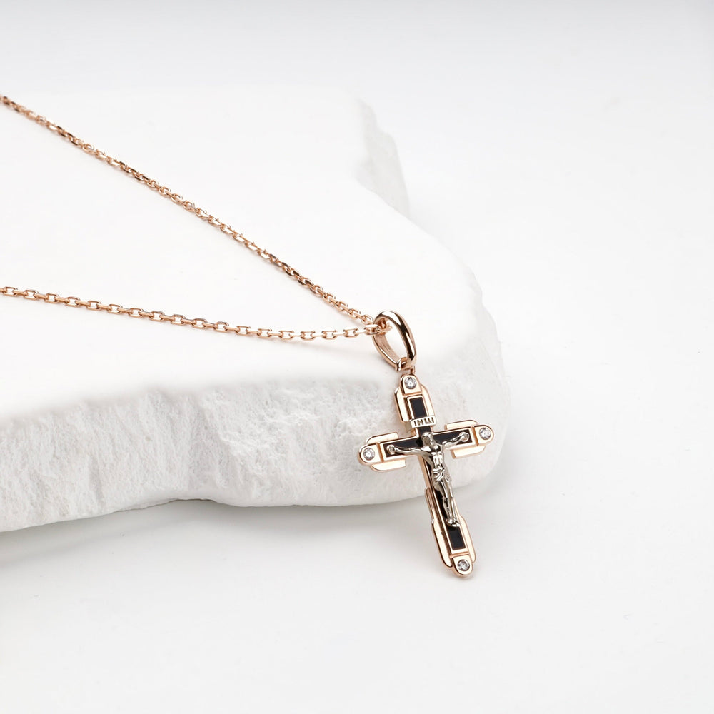 Two-Tone Gold 14K (585) Black Enamel and Cubic Zirconia Crucifix Pendant | Ukrainian Jewelry