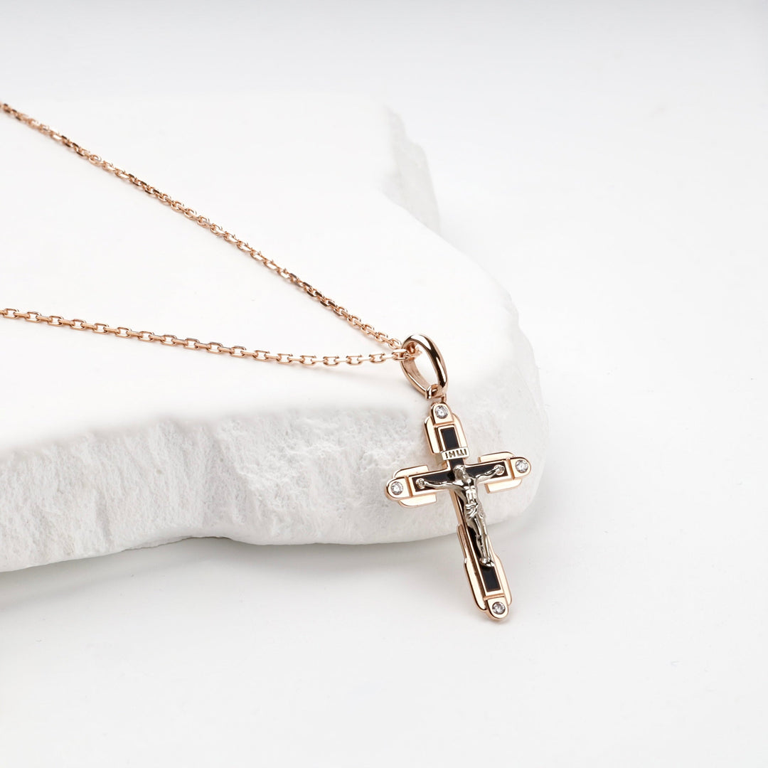 Two-Tone Gold 14K (585) Black Enamel and Cubic Zirconia Crucifix Pendant | Ukrainian Jewelry