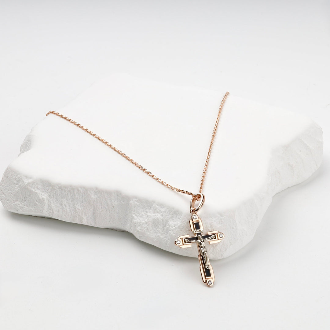 Two-Tone Gold 14K (585) Black Enamel and Cubic Zirconia Crucifix Pendant | Ukrainian Jewelry