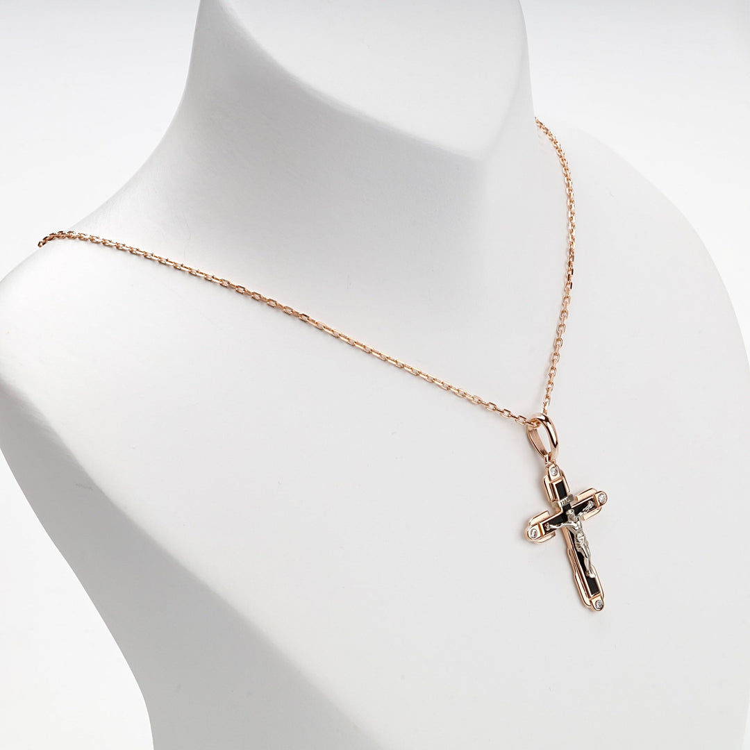 Two-Tone Gold 14K (585) Black Enamel and Cubic Zirconia Crucifix Pendant | Ukrainian Jewelry