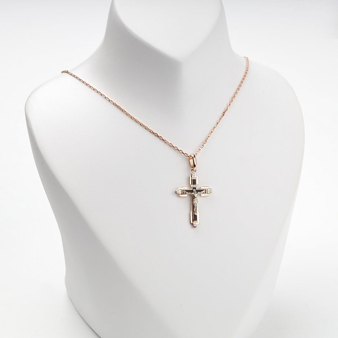 Two-Tone Gold 14K (585) Black Enamel and Cubic Zirconia Crucifix Pendant | Ukrainian Jewelry