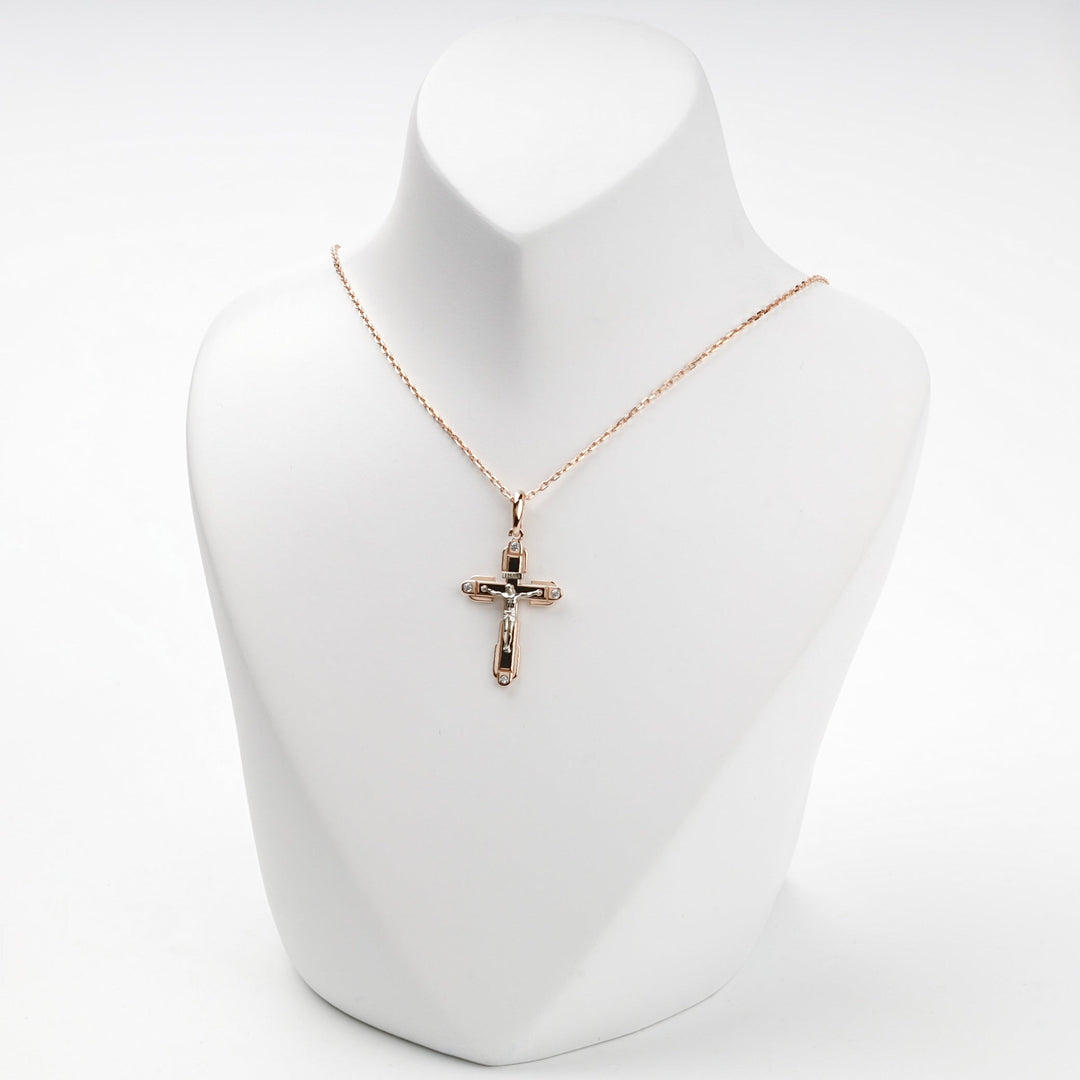 Two-Tone Gold 14K (585) Black Enamel and Cubic Zirconia Crucifix Pendant | Ukrainian Jewelry