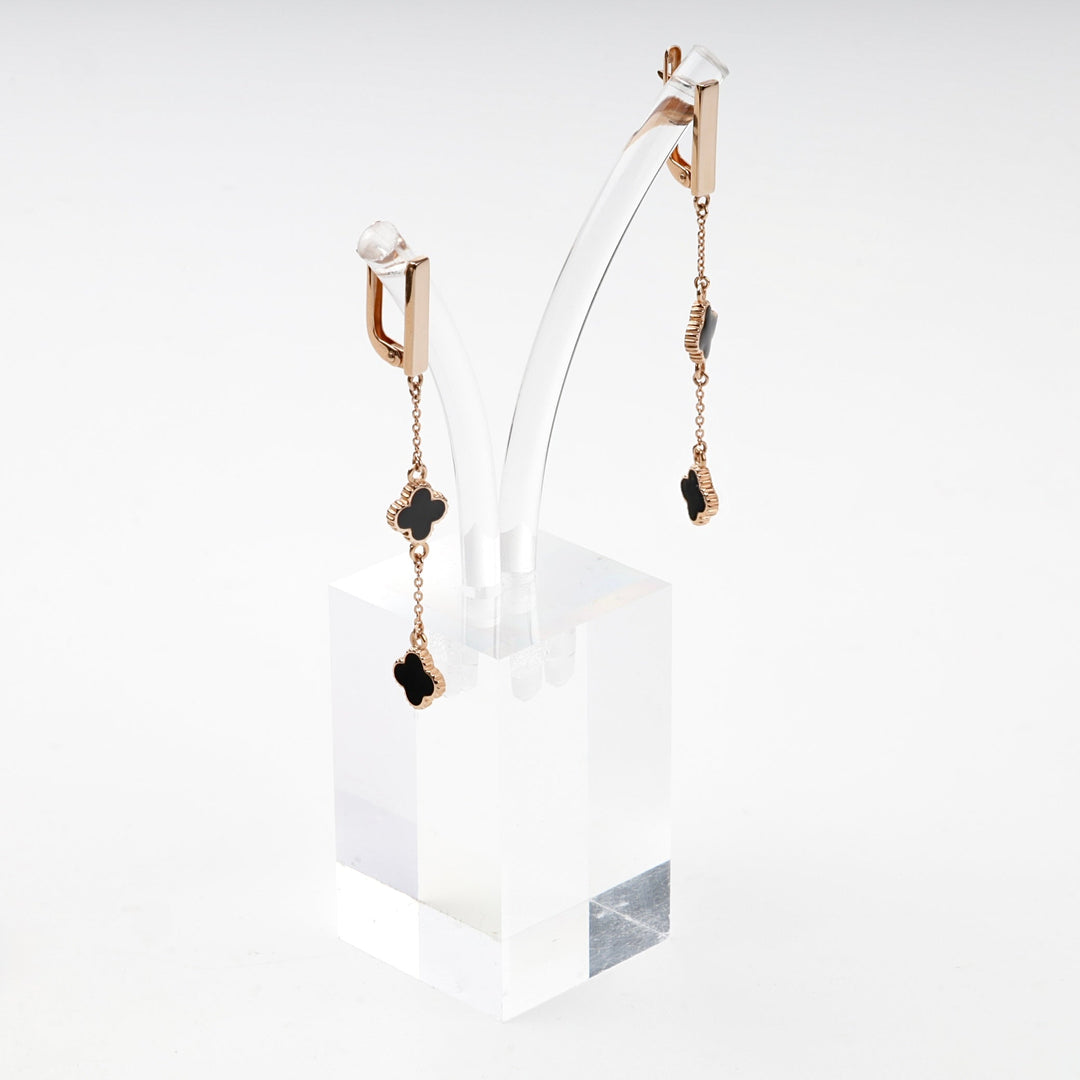 Rose Gold 14K (585) Black and White Enamel Double-Clover Drop Earrings | Ukrainian Jewelry