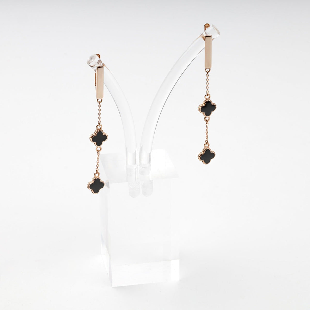 Rose Gold 14K (585) Black and White Enamel Double-Clover Drop Earrings | Ukrainian Jewelry