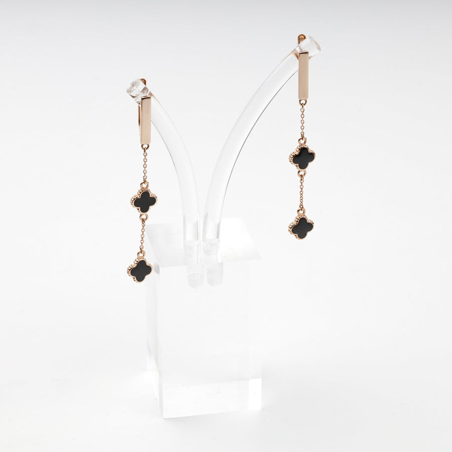 Rose Gold 14K (585) Black and White Enamel Double-Clover Drop Earrings | Ukrainian Jewelry