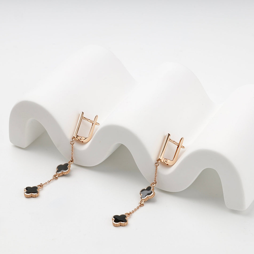 Rose Gold 14K (585) Black and White Enamel Double-Clover Drop Earrings | Ukrainian Jewelry