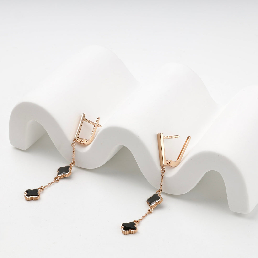Rose Gold 14K (585) Black and White Enamel Double-Clover Drop Earrings | Ukrainian Jewelry