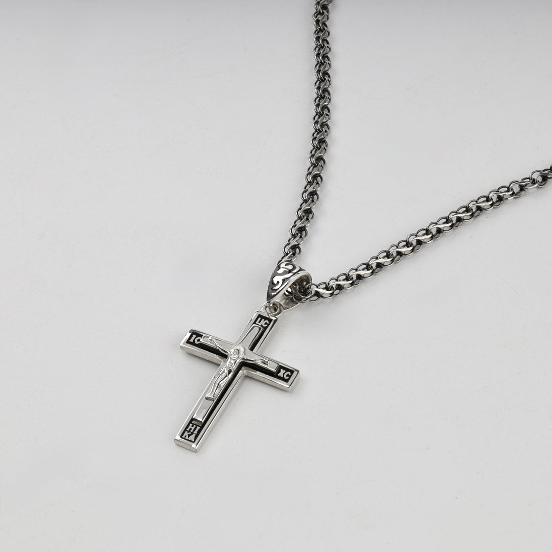 Silver 925 Black Enamel Orthodox Crucifix Pendant | Ukrainian Jewelry