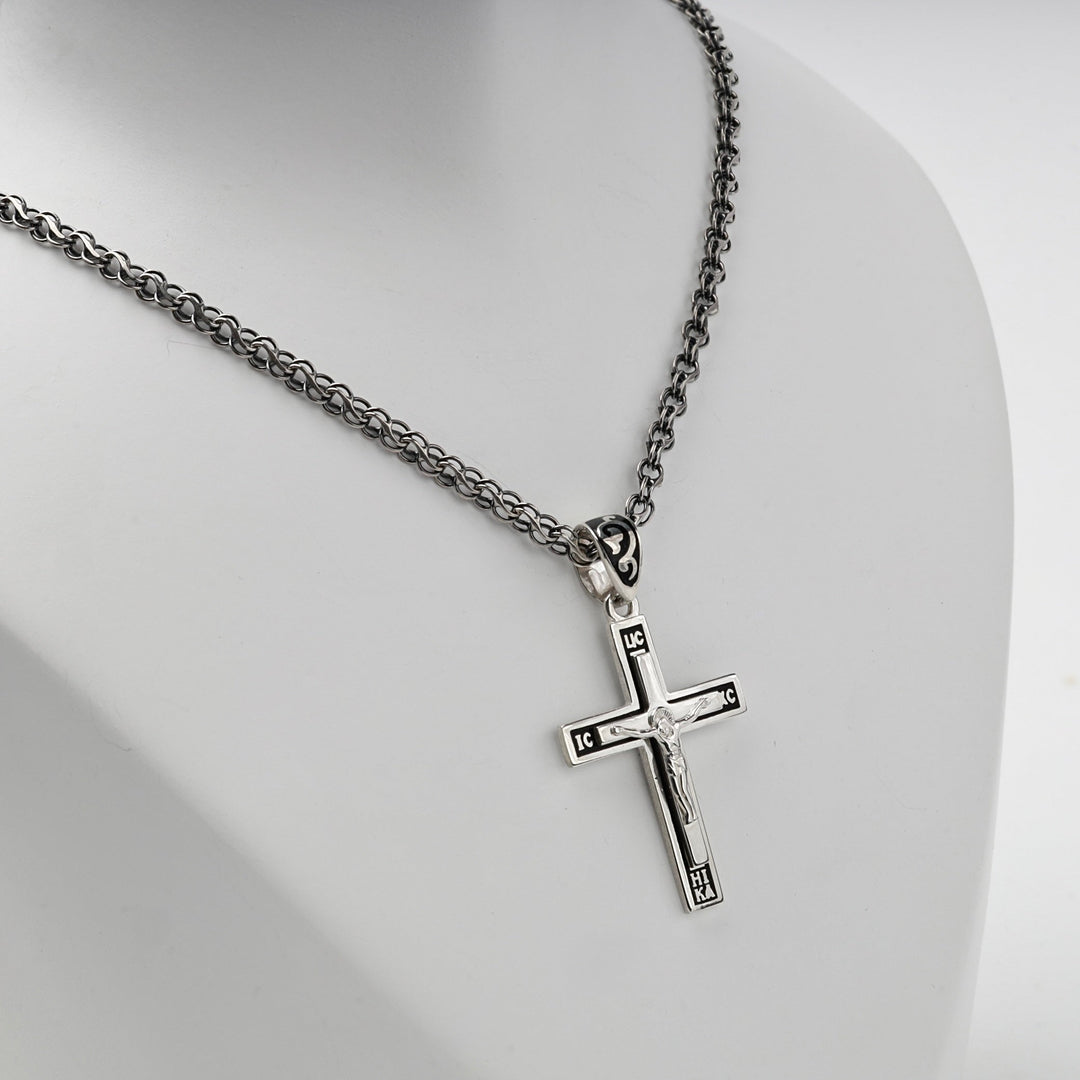 Silver 925 Black Enamel Orthodox Crucifix Pendant | Ukrainian Jewelry