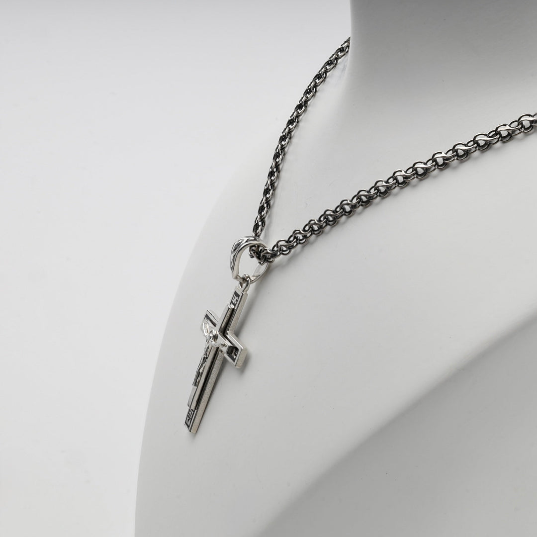 Silver 925 Black Enamel Orthodox Crucifix Pendant | Ukrainian Jewelry