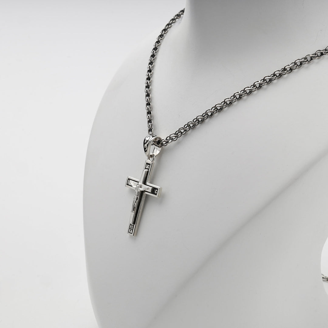 Silver 925 Black Enamel Orthodox Crucifix Pendant | Ukrainian Jewelry