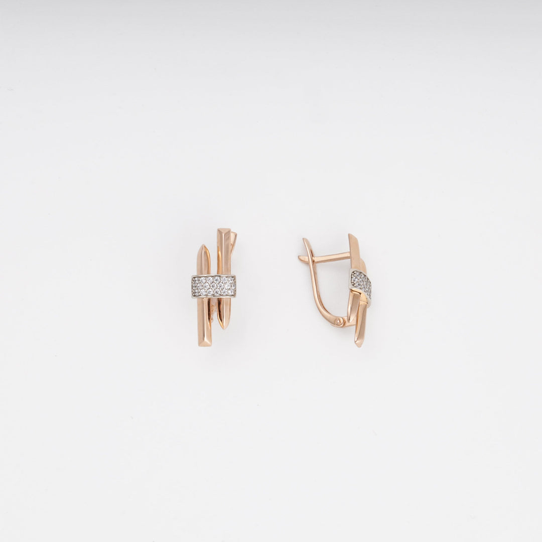 Rose and White Gold Earrings with CZ Bar, 14K (585) | Ukrainian Jewelry