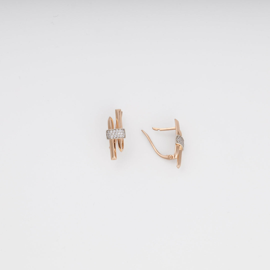 Rose and White Gold Earrings with CZ Bar, 14K (585) | Ukrainian Jewelry