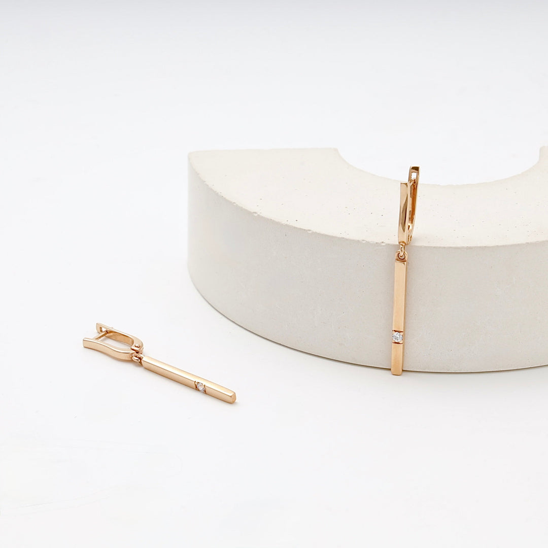 Rose Gold 585 Bar Drop Earrings with CZ | Ukrainian Jewelry