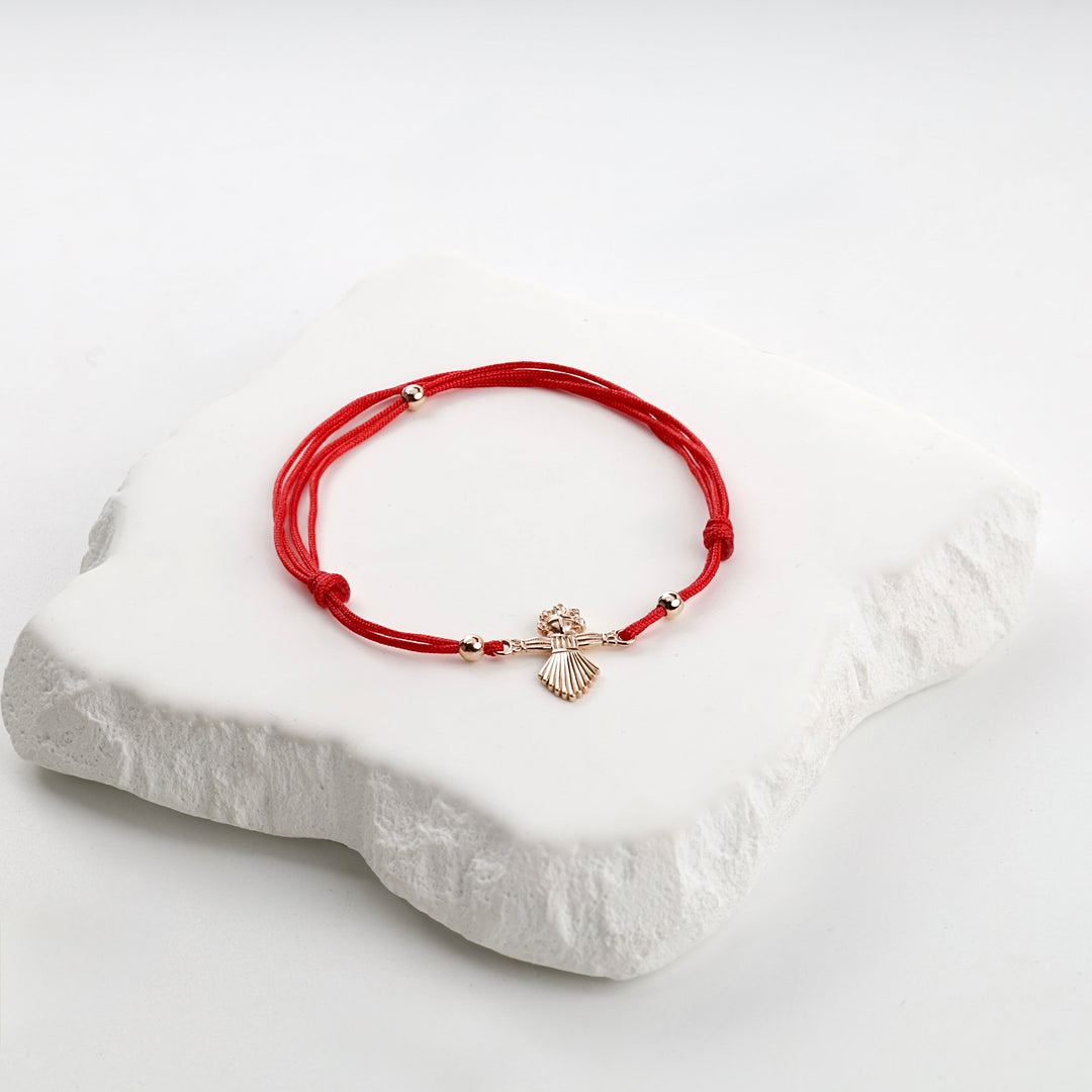 Red Cord Angel Bracelet | 14K Rose Gold (585) — angled view