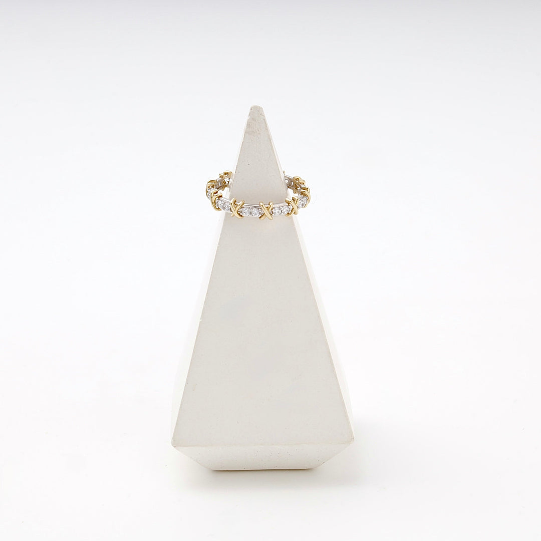 Gold 585 Two-Tone Eternity Ring with X Design and Cubic Zirconia | Ukrainian Jewelry