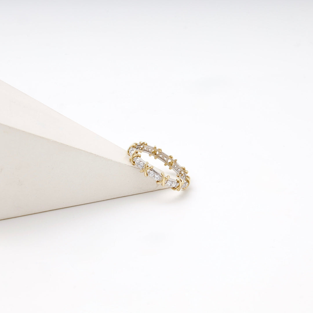 Gold 585 Two-Tone Eternity Ring with X Design and Cubic Zirconia | Ukrainian Jewelry