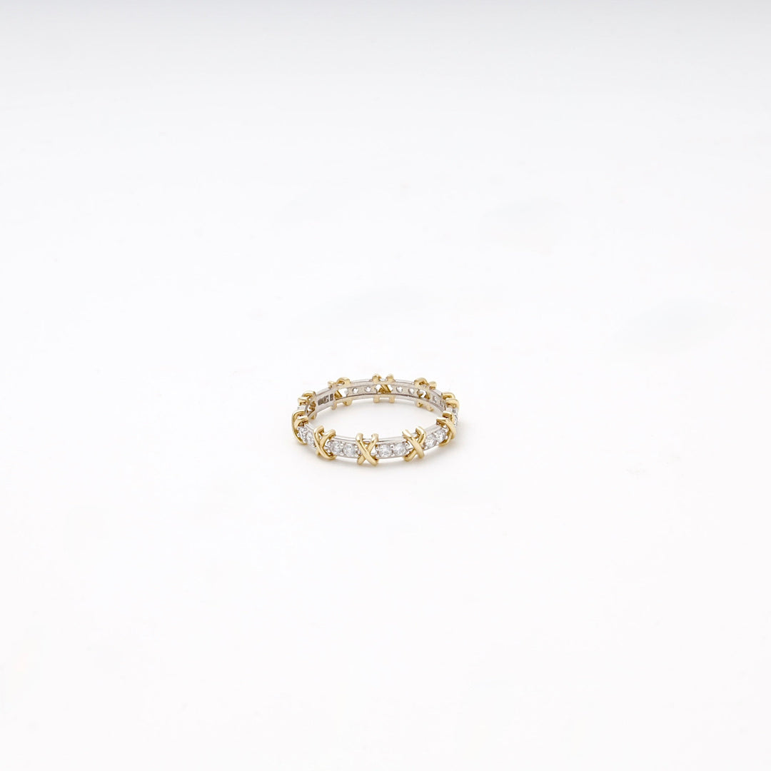 Gold 585 Two-Tone Eternity Ring with X Design and Cubic Zirconia | Ukrainian Jewelry