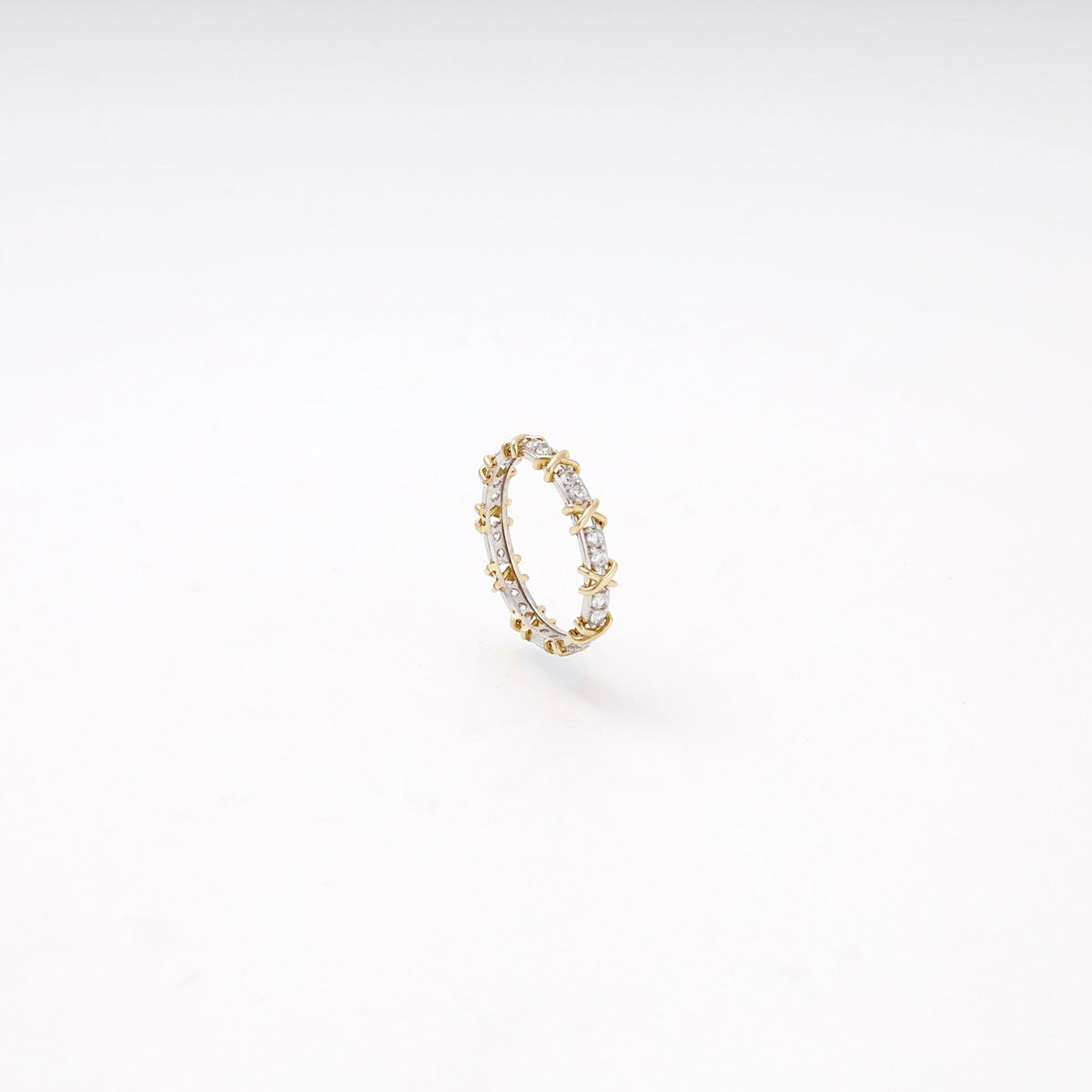 Gold 585 Two-Tone Eternity Ring with X Design and Cubic Zirconia | Ukrainian Jewelry