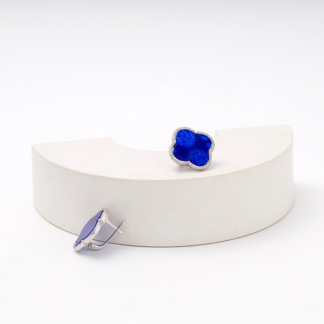 Silver 925 Blue Clover Earrings with CZ Border | Ukrainian Jewelry