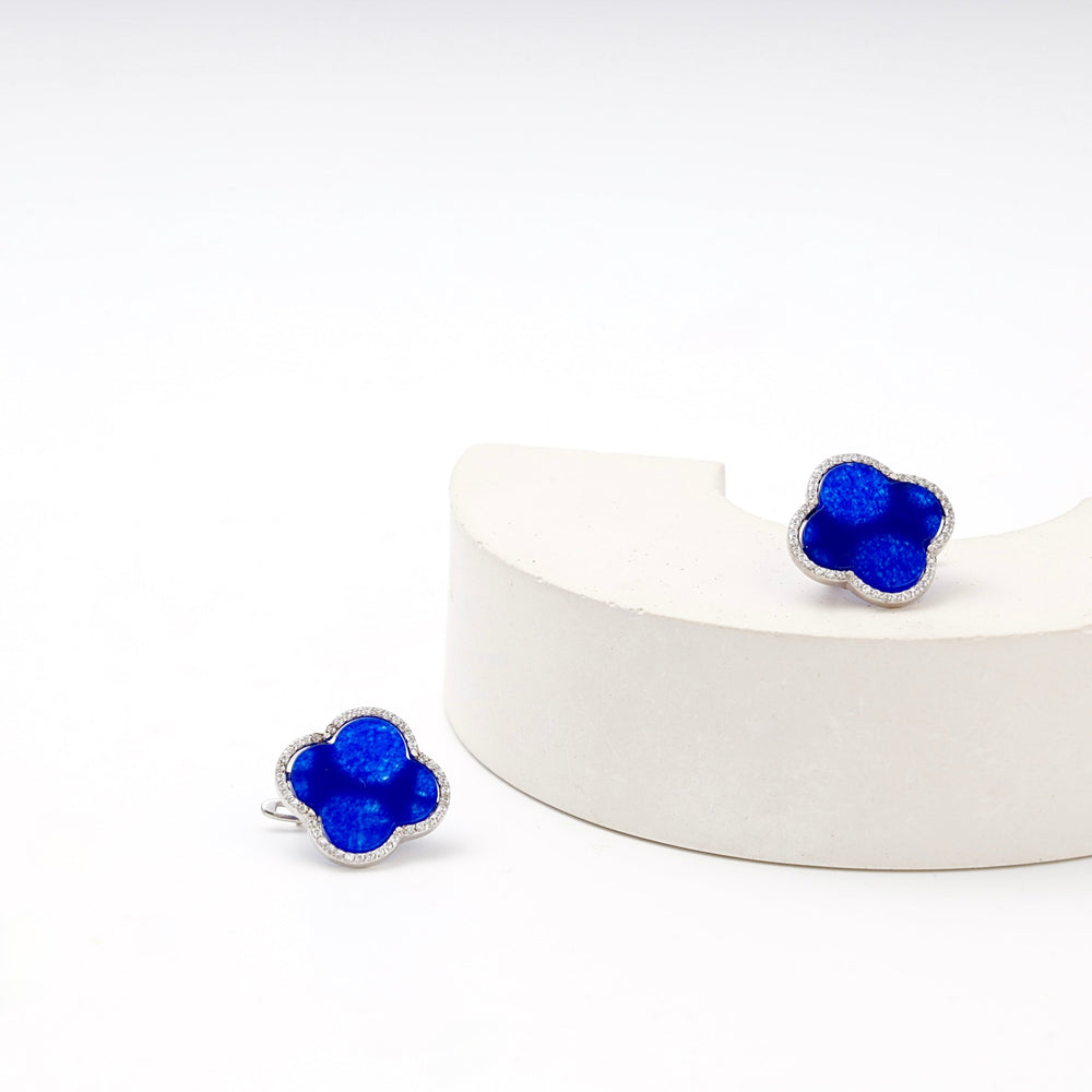 Silver 925 Blue Clover Earrings with CZ Border | Ukrainian Jewelry