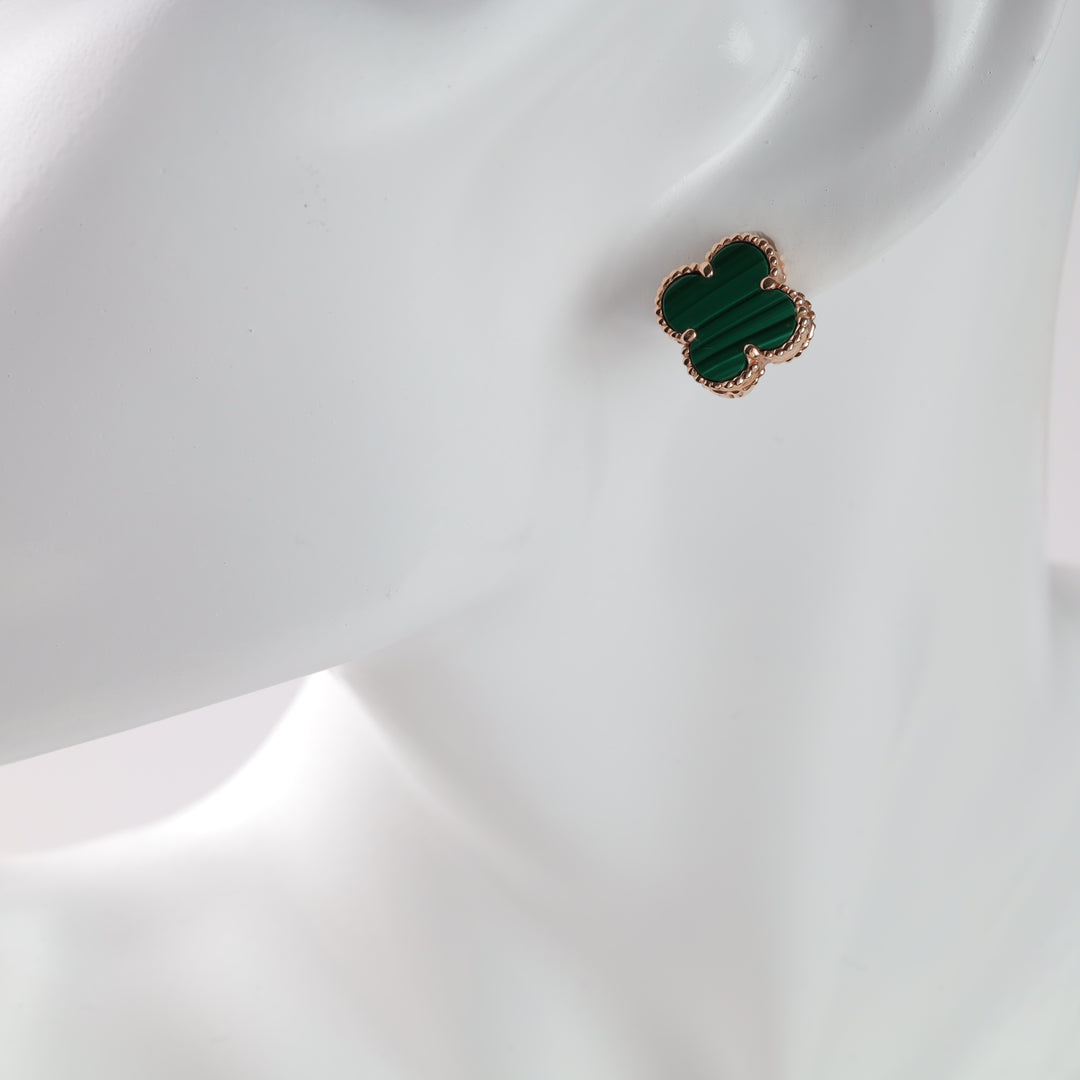 Four-leaf clover earrings with malachite | Gold 585 (14K) - Ukrainian Jewelry