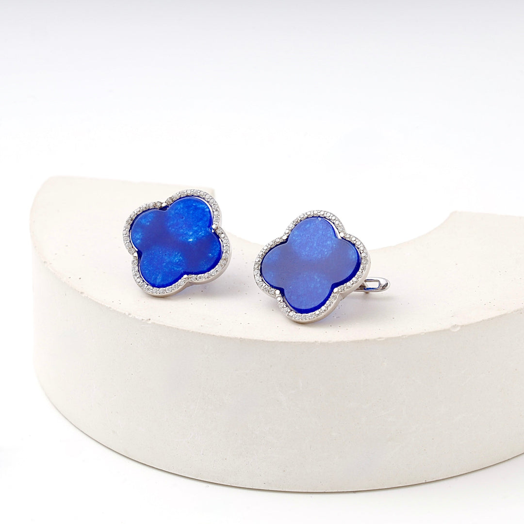 Silver 925 Blue Clover Earrings with CZ Border | Ukrainian Jewelry