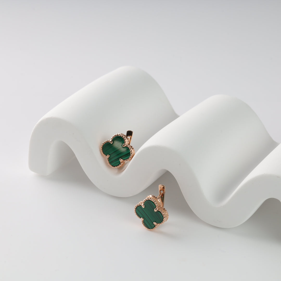 Four-leaf clover earrings with malachite | Gold 585 (14K) - Ukrainian Jewelry