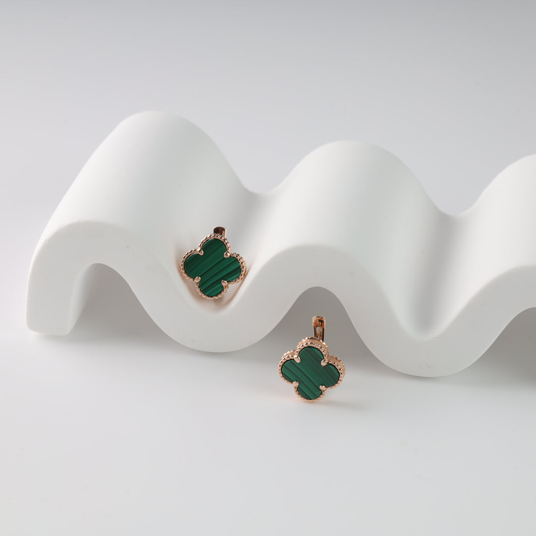 Four-leaf clover earrings with malachite | Gold 585 (14K) - Ukrainian Jewelry