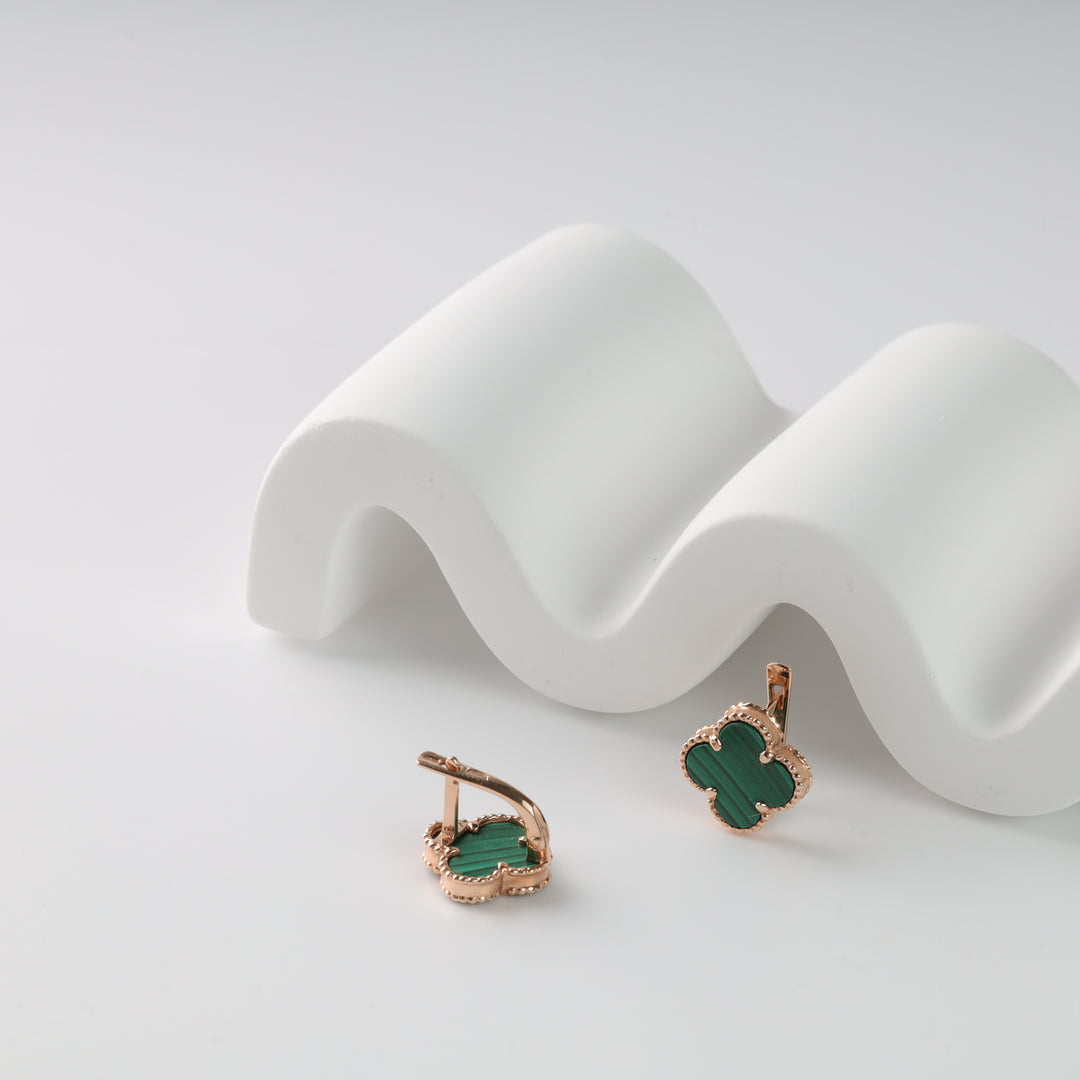 Four-leaf clover earrings with malachite | Gold 585 (14K) - Ukrainian Jewelry