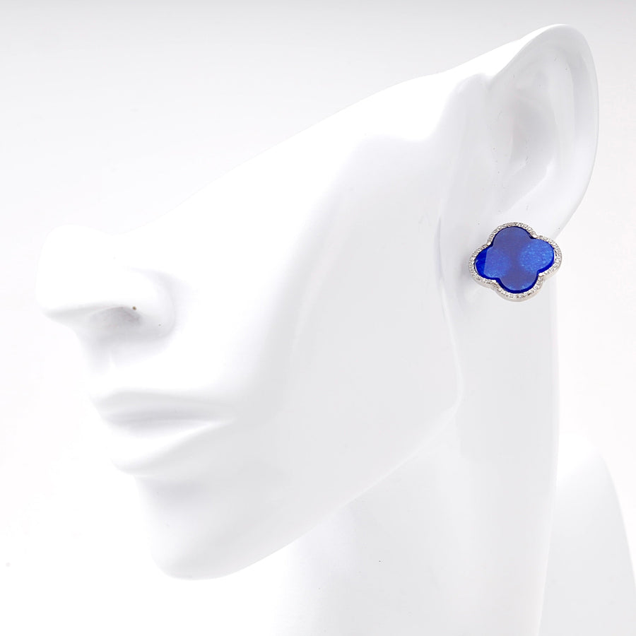 Silver 925 Blue Clover Earrings with CZ Border | Ukrainian Jewelry