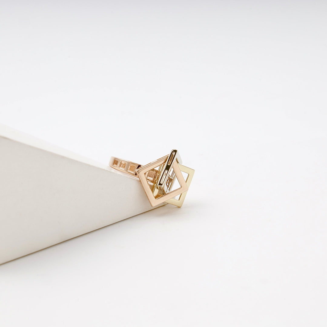 Gold 585 Three-Tone Geometric Cube Ring | Ukrainian Jewelry