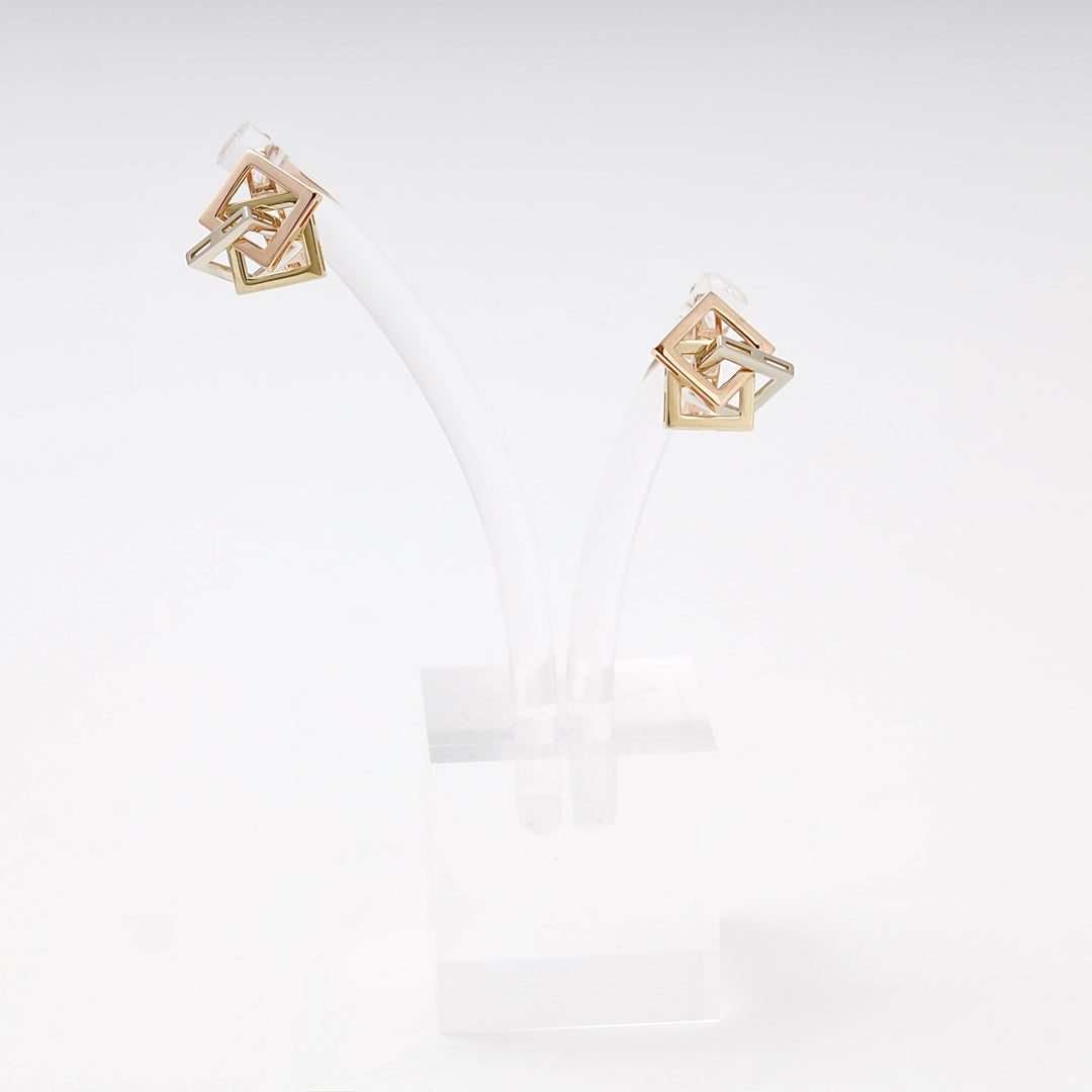 Gold 585 Three-Tone Geometric Cube Earrings | Ukrainian Jewelry