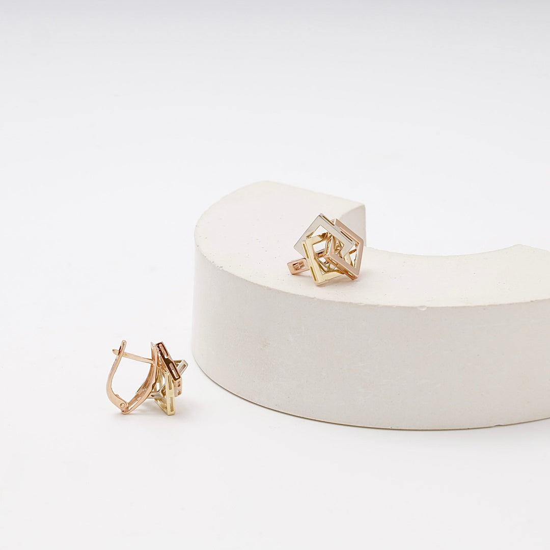 Gold 585 Three-Tone Geometric Cube Earrings | Ukrainian Jewelry
