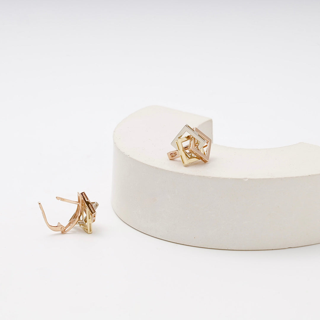Gold 585 Three-Tone Geometric Cube Earrings | Ukrainian Jewelry