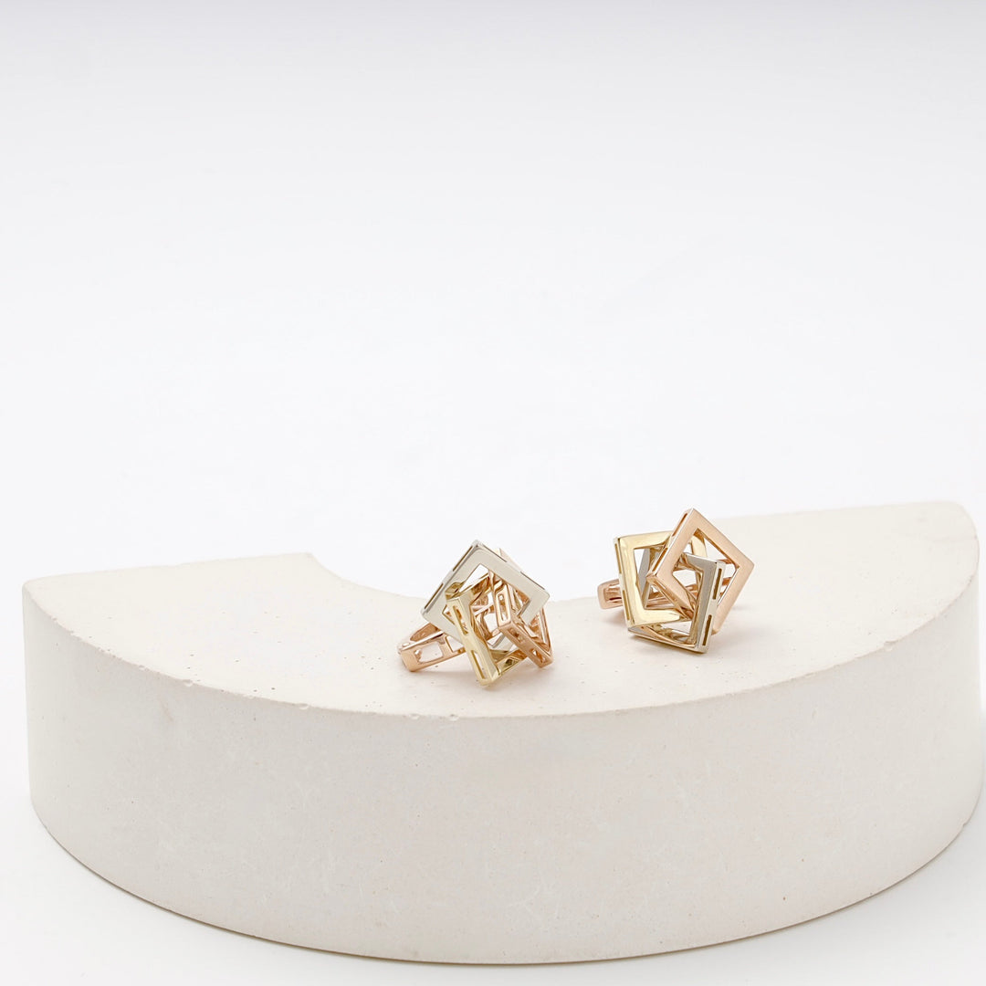 Gold 585 Three-Tone Geometric Cube Earrings | Ukrainian Jewelry