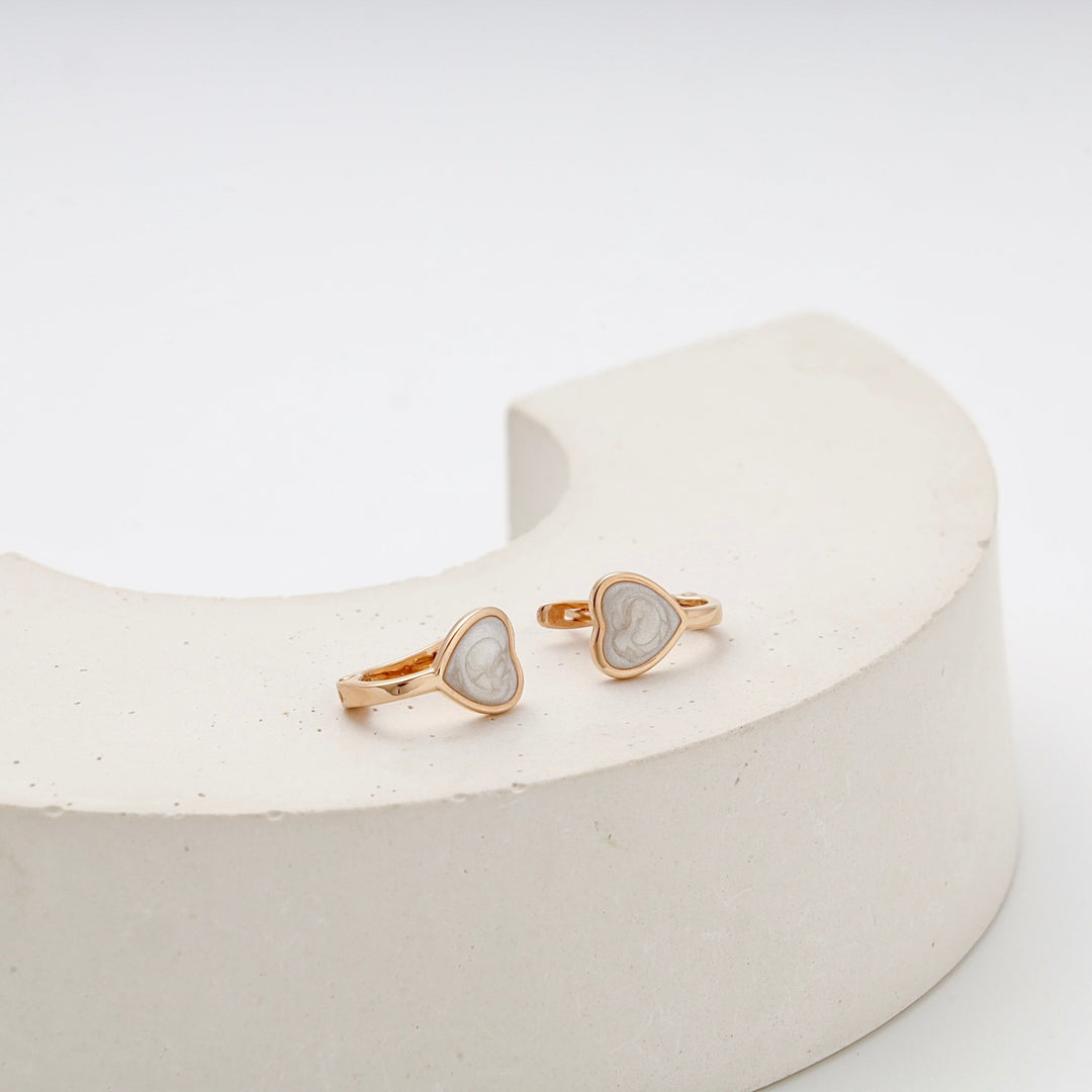Children's Rose Gold 585 Heart Earrings with White Enamel | Ukrainian Jewelry